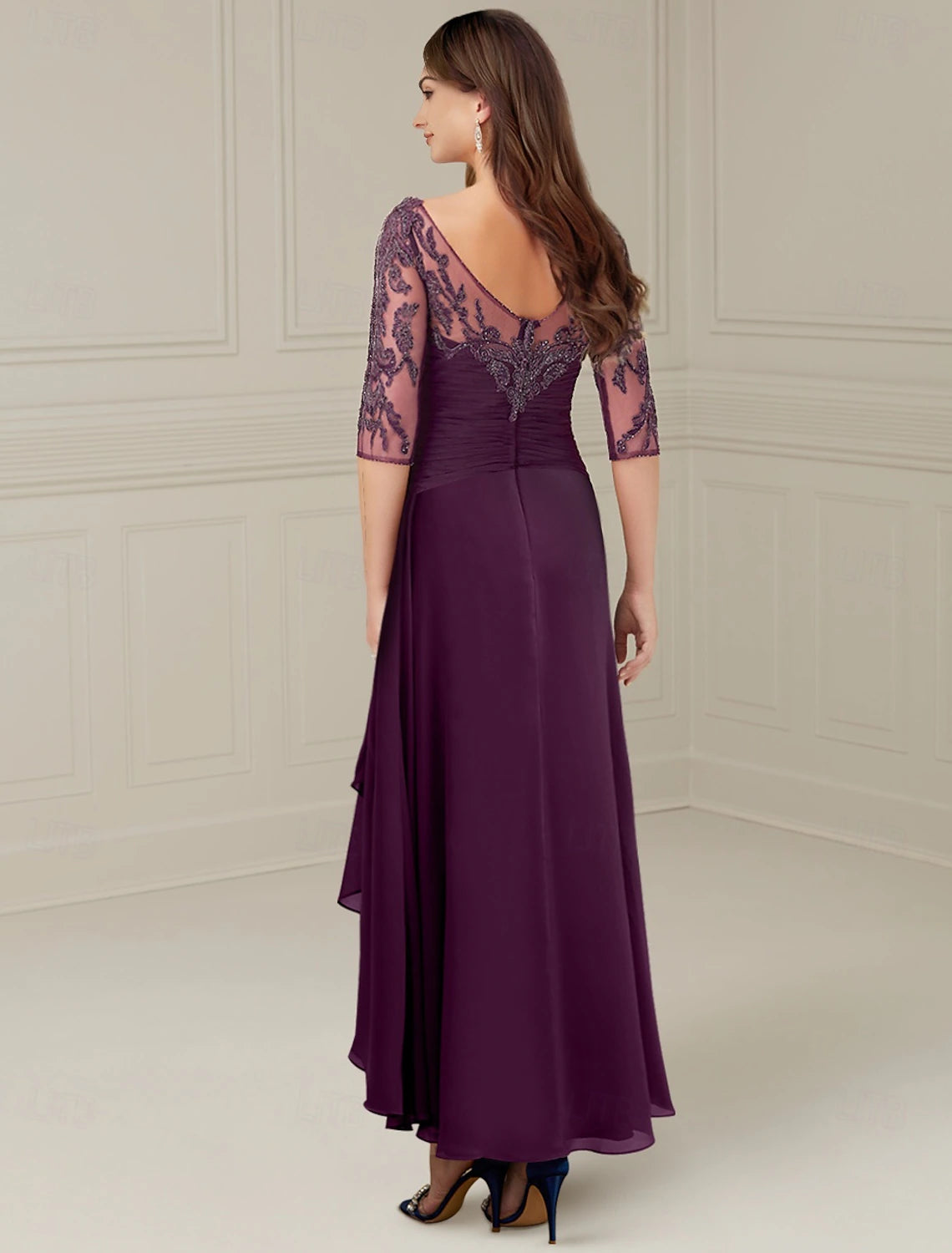 Buyishang Purple A-Line Formal Mother of the Bride Dress Wedding Guest Elegant Jewel Neck Floor Length Chiffon 3/4 Length Sleeve Wrap Included with Cascading Ruffles Solid Color